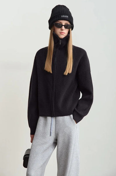 Women Lapel Collar Front Zipper Ribbed Cardigan