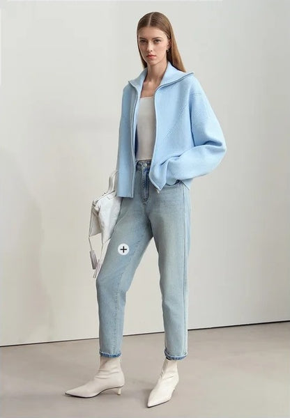 Women Lapel Collar Front Zipper Ribbed Cardigan