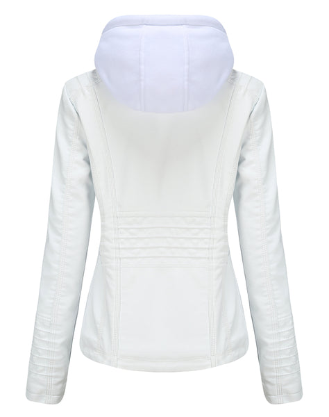 Women PU Faux Leather Ribbed Biker Jacket Hoodie