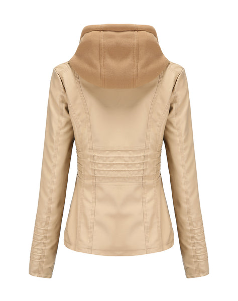 Women PU Faux Leather Ribbed Biker Jacket Hoodie