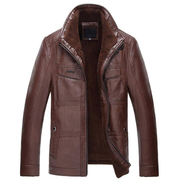 Mens PU Faux Leather Thick Winter Fleece Jacket