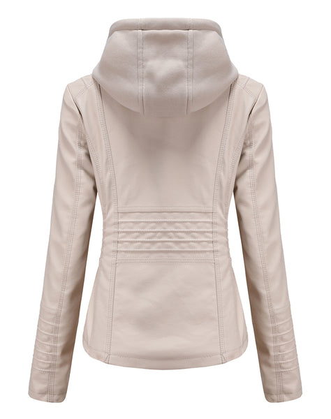 Women PU Faux Leather Ribbed Biker Jacket Hoodie