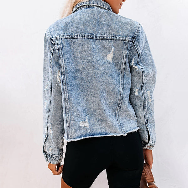 Women Ripped Cropped Denim Jacket