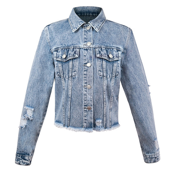 Women Ripped Cropped Denim Jacket