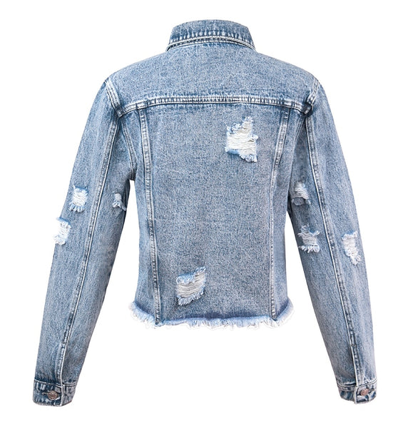 Women Ripped Cropped Denim Jacket