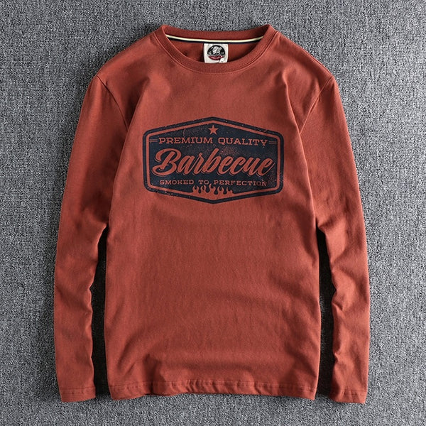 Mens Retro Printed Cotton T-Shirt Long Sleeve