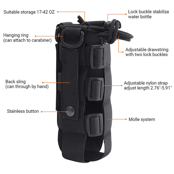 Tactical MOLLE Water Bottle Pouch Kettle Bag Adjustable Waterproof 0.5-2.5L