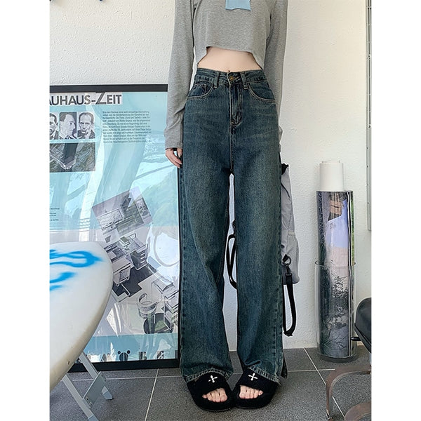 Women Cotton Denim Loose Pants Split-Ankle Frayed Jeans