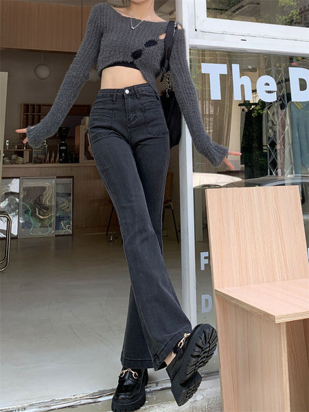 Women Ankle-Length Cotton Denim High Waist Flare Pants