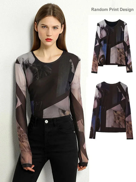 Women Sheer Mesh Blouse Long Sleeve Transparent Top