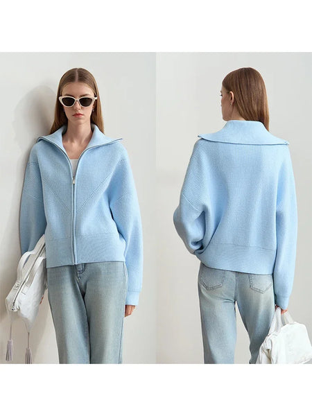 Women Lapel Collar Front Zipper Ribbed Cardigan