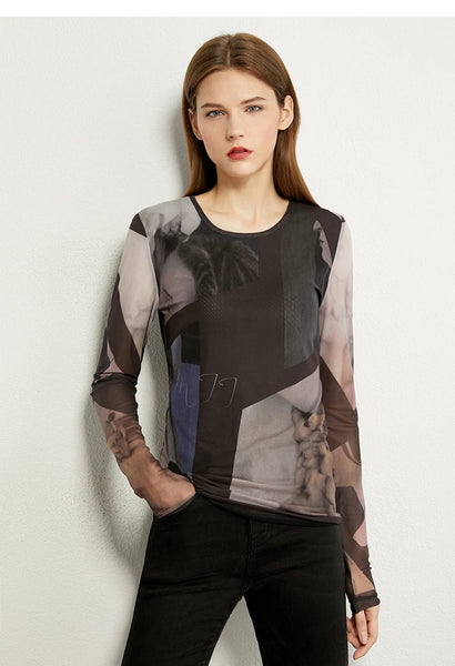 Women Sheer Mesh Blouse Long Sleeve Transparent Top