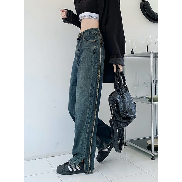 Women Cotton Denim Loose Pants Split-Ankle Frayed Jeans