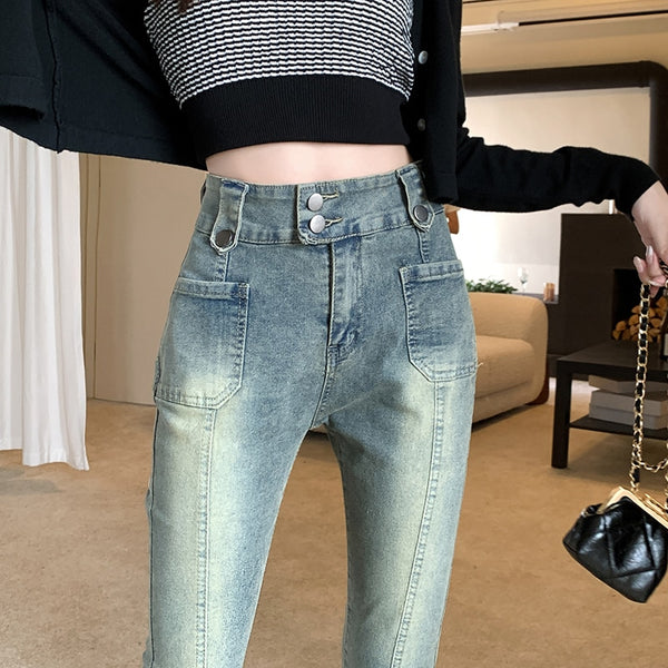 Women Cotton Denim High Waist Flare Pants