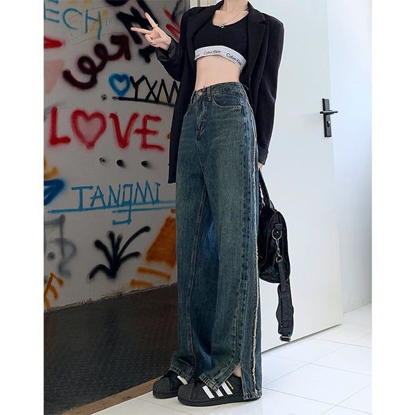 Women Cotton Denim Loose Pants Split-Ankle Frayed Jeans