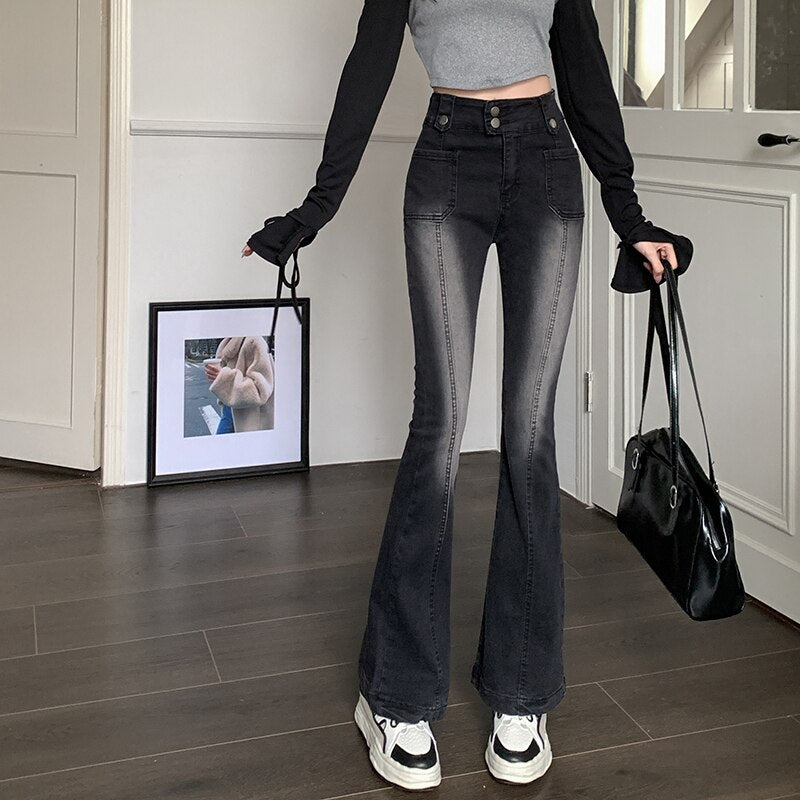 Women Cotton Denim High Waist Flare Pants