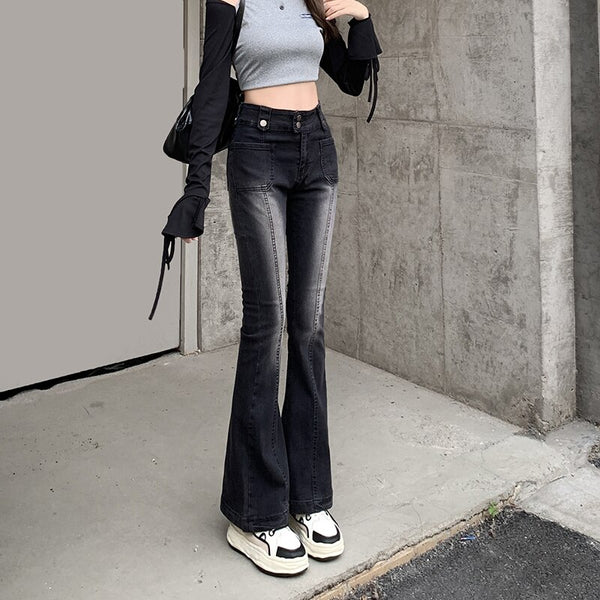 Women Cotton Denim High Waist Flare Pants