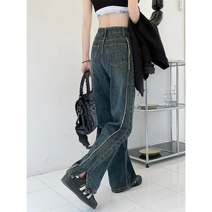 Women Cotton Denim Loose Pants Split-Ankle Frayed Jeans