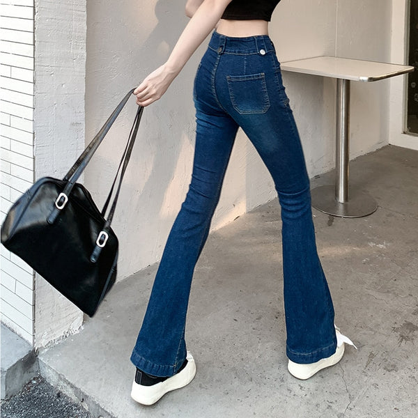 Women Cotton Denim High Waist Flare Pants