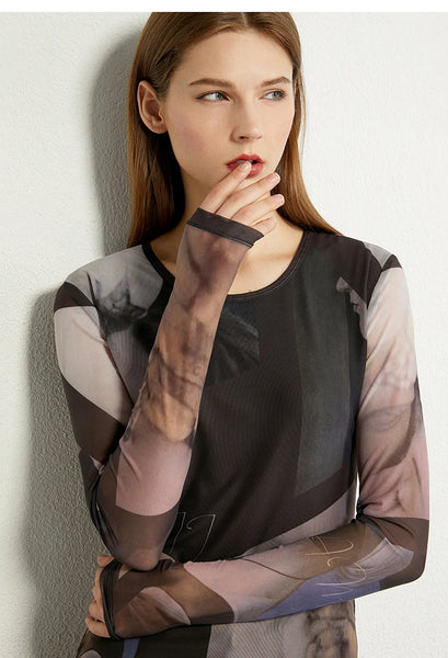 Women Sheer Mesh Blouse Long Sleeve Transparent Top