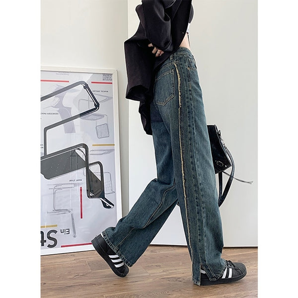 Women Cotton Denim Loose Pants Split-Ankle Frayed Jeans