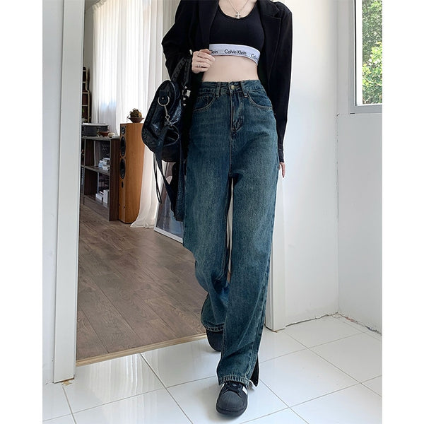 Women Cotton Denim Loose Pants Split-Ankle Frayed Jeans