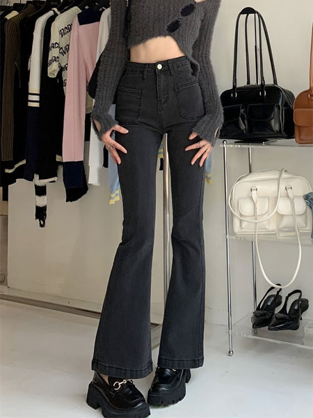 Women Ankle-Length Cotton Denim High Waist Flare Pants