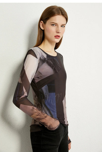 Women Sheer Mesh Blouse Long Sleeve Transparent Top