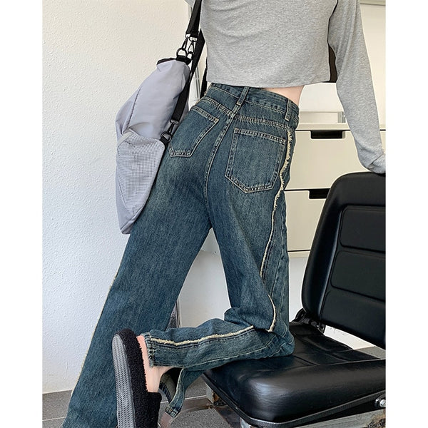 Women Cotton Denim Loose Pants Split-Ankle Frayed Jeans