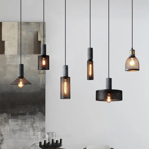 Industrial Concrete Postmodern Lamp Cement Iron Mesh E27 Pendant Light Long Base Cluster