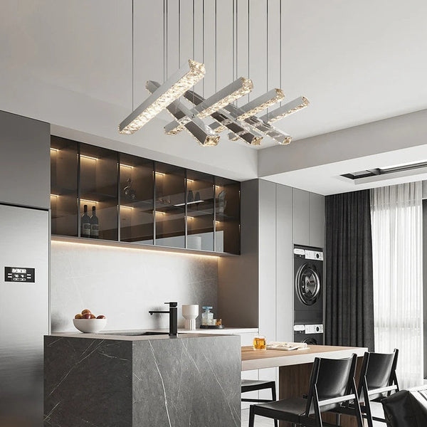 Modern LED Crystal Chandelier Stainless Steel Rectangular Hanging Lamp