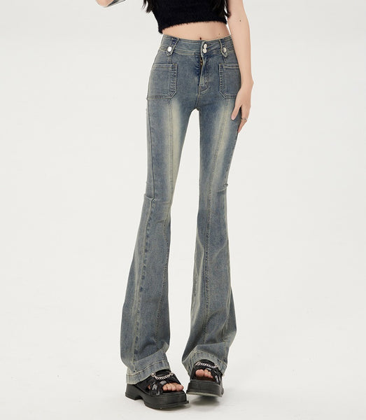Women Cotton Denim High Waist Flare Pants