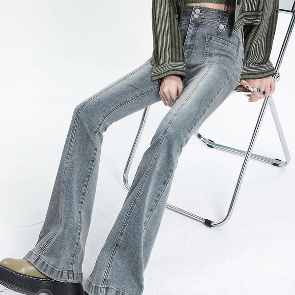 Women Cotton Denim High Waist Flare Pants