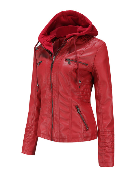 Women PU Faux Leather Ribbed Biker Jacket Hoodie