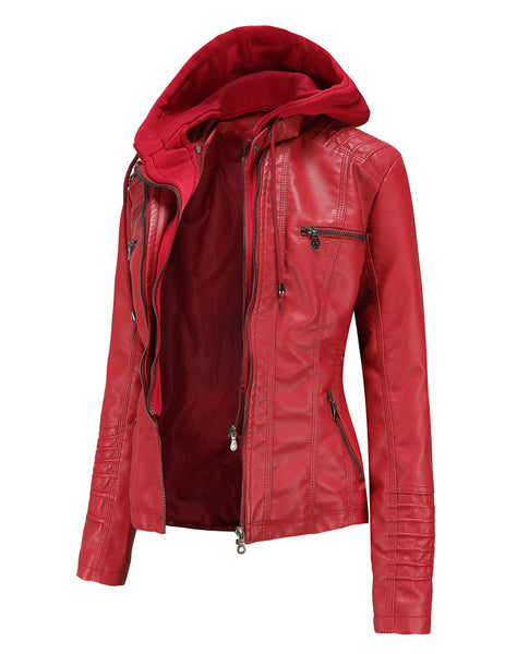 Women PU Faux Leather Ribbed Biker Jacket Hoodie