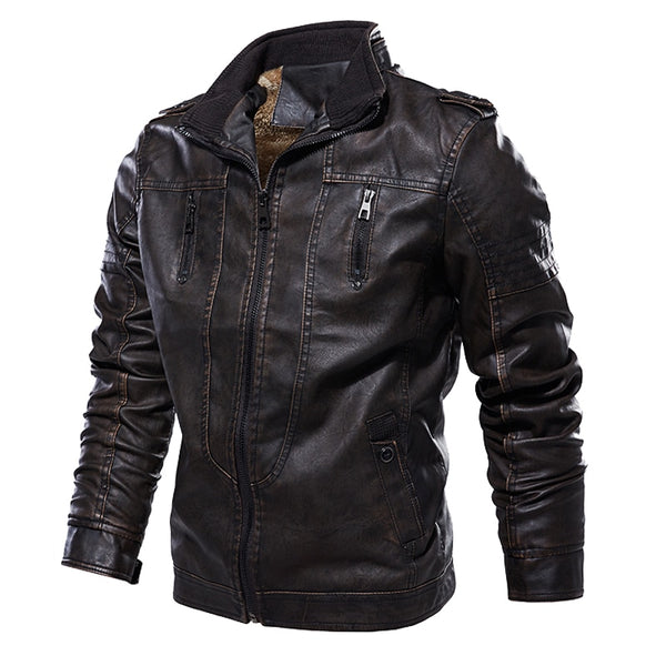 Mens PU Faux Leather Windbreaker Winter Fleece Biker Jacket