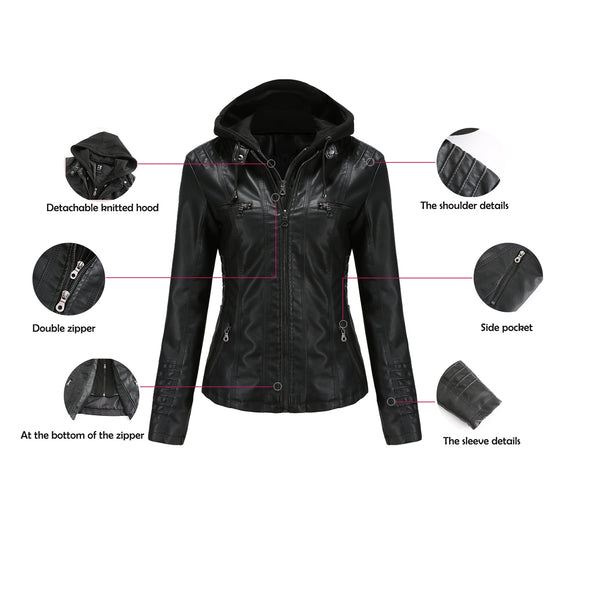 Women PU Faux Leather Ribbed Biker Jacket Hoodie