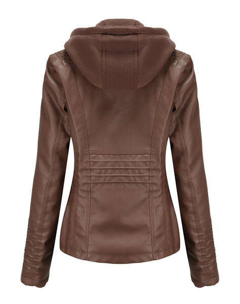 Women PU Faux Leather Ribbed Biker Jacket Hoodie