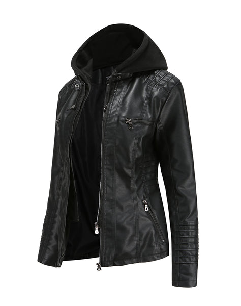 Women PU Faux Leather Ribbed Biker Jacket Hoodie