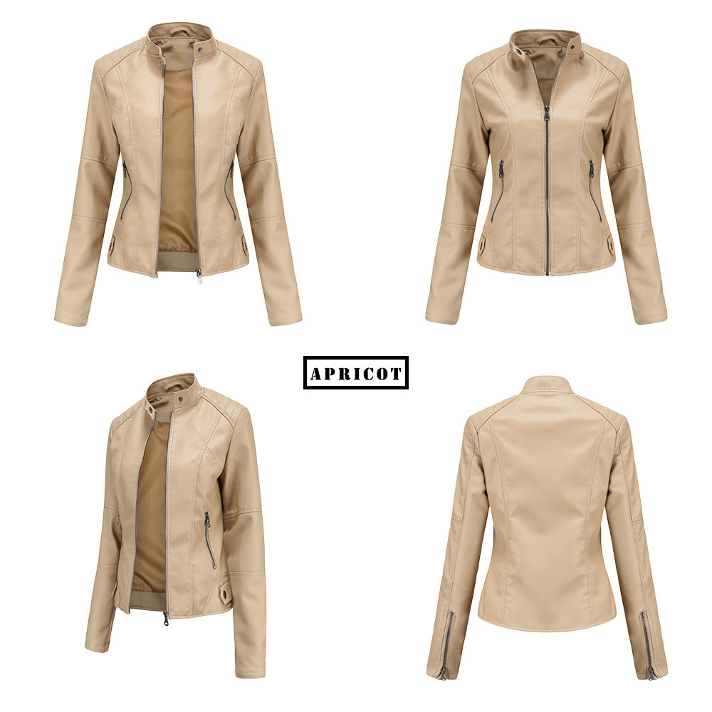 Yitimoky New Arrivals Women Faux Leather Jacket Pu Motorcycle Biker Beige Leather  Coat Fashion Turndown Collar Loose Streetwear