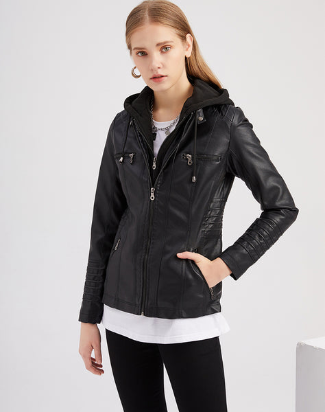 Women PU Faux Leather Ribbed Biker Jacket Hoodie