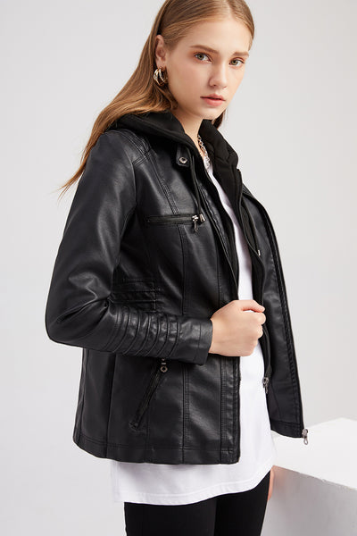 Women PU Faux Leather Ribbed Biker Jacket Hoodie