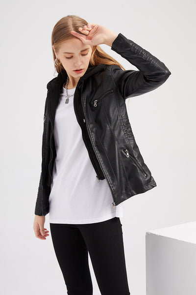 Women PU Faux Leather Ribbed Biker Jacket Hoodie