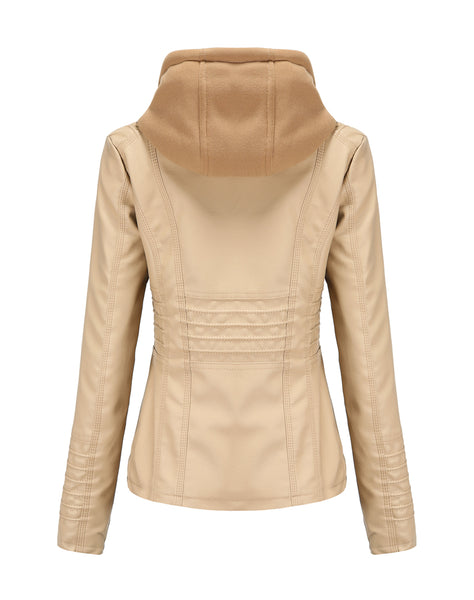 Women PU Faux Leather Ribbed Biker Jacket Hoodie