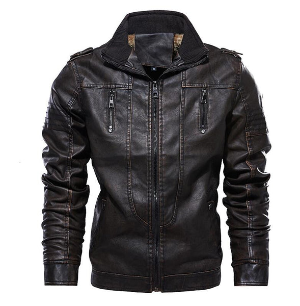 Mens PU Faux Leather Windbreaker Winter Fleece Biker Jacket