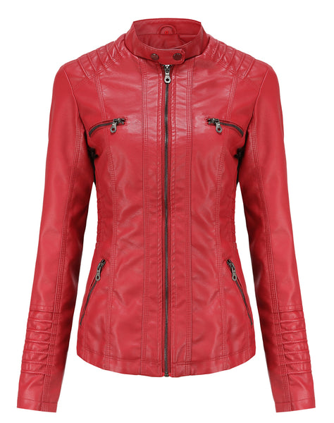 Women PU Faux Leather Ribbed Biker Jacket Hoodie