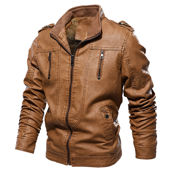 Mens PU Faux Leather Windbreaker Winter Fleece Biker Jacket