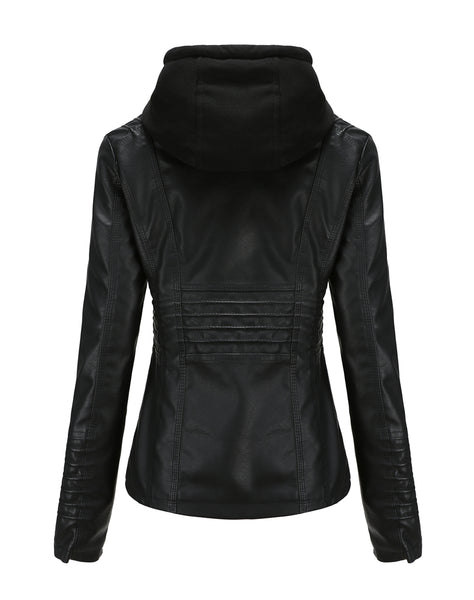 Women PU Faux Leather Ribbed Biker Jacket Hoodie