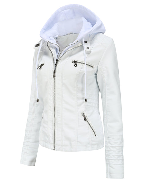 Women PU Faux Leather Ribbed Biker Jacket Hoodie