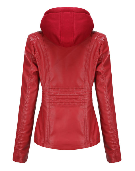 Women PU Faux Leather Ribbed Biker Jacket Hoodie